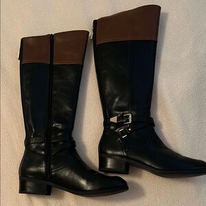 Black and Brown Over the Knee Boots with Rounded Toe